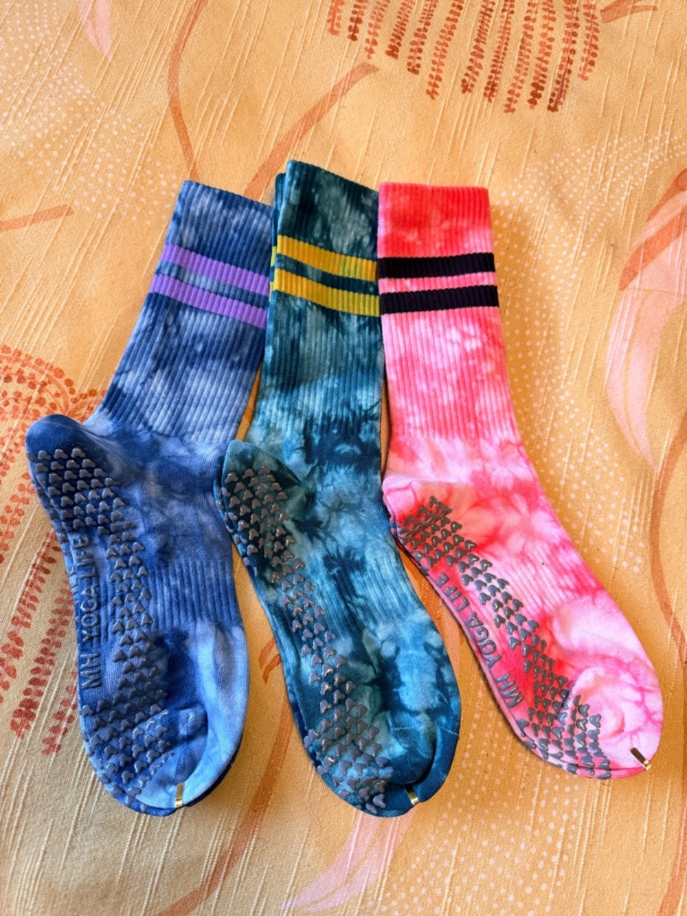 3 Pairs of Tie-Dye Grip Crew Socks - Violet Blue, Teal Green, Bright Pink
